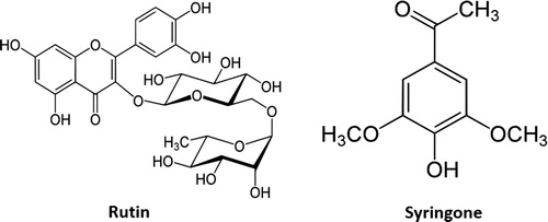 Figure 4. The chemical structures of rutin and syringone from the extracts of C. alata leaves.