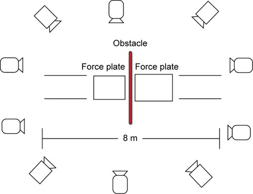 Figure 6 Top view of the laboratory setting of the effect of Tai Chi Chuan training in obstacle crossing behavior, analyzed by kinematics (Vicon motion analysis system) and kinetic ground reaction forces (Kistler force plates).