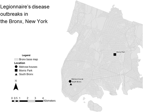 Fig. 1 Location of Legionnaires’ disease outbreaks in Bronx, New York City, from 1 March 2015 to 21 September 2015.Outbreak locations are represented by circle (Melrouse houses), square (Morris Park) and triangle (South Bronx) shapes. Grey areas represent the streets within the Bronx district. Outbreak data in the Bronx, NYC was retrieved from the New York City Department of Health and Mental Hygiene and from the Centres for Disease Control and Prevention (CDC) website. Base map data was taken from NYC Department of city planningCitation17. Coordinates of outbreak locations retrieved by searching names of locations on Google maps. Maps were created using ArcMap 10.2