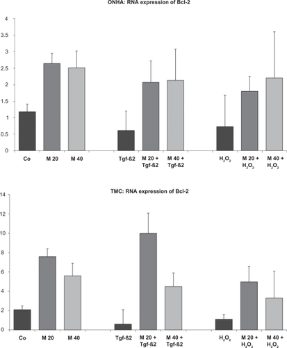 Figure 5 Bcl-2 mRNA expression of ONHA and TMC after treatment with minocycline 20 μM and 40 μM only or after additional treatment with 600 mM H2O2 or TGFβ-2, as investigated by quantitative RT-PCR. All tests were performed in triplicate and repeated three times. The mRNA levels were normalized to those of 18S rRNA and expressed as the ratio of Bcl-2 mRNA/18S rRNA. ONHA treated with minocycline concentrations showed a significant increase in Bcl-2 mRNA expression compared with the control in both cell lines. TGFβ-2 and H2O2 treatment decreased Bcl-2 expression. When ONHA cells were treated with minocycline 20 μM and 40 μM and TGFβ-2 or H2O2, Bcl-2 expression was increased compared with ONHA treated only with TGFβ-2 or H2O2. Similarly, TMC treated with minocycline 20 μM and TGFβ-2 or H2O2 showed an increased expression of Bcl-2 mRNA compared with TMC treated only with TGFβ-2 or H2O2. All differences between the two minocycline concentrations and the corresponding controls are statistically significant.Key: x-axis, RR of Bcl-2 mRNA normalized to 18s rRNA expressed in decimal format; y-axis, tested concentrations of minocycline.