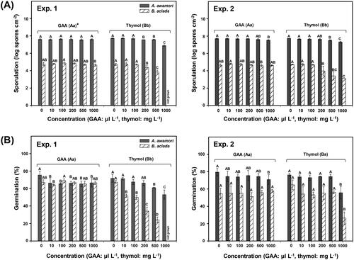 Figure 6. (A) Sporulation (log10 spores cm−2) and (B) spore germination (%) of Aspergillus awamori F23 and Botrytis aclada F15 on PDA after gaseous treatment at various concentrations of (A) GAA (positive control; 0, 10, 100, 200, 500, and 1000 μL L−1) or (B) thymol (0, 10, 100, 200, 500, and 1000 mg L−1) in I-plates. Spore suspensions (2 μL of 1 × 106 spores mL−1) of the isolates were drop-inoculated on PDA, and sporulation was determined at 6 and 7 days after inoculation on PDA amended with GAA or thymol at 28 °C for A. awamori F23 and at 20 °C for B. aclada F15, respectively. Spore germination of the isolates was determined 18 h after incubation at the same temperature. Bars represent mean ± standard deviation of three replicates. Values followed by the same letters are not significantly different (p < 0.05) according to the least significant difference test following arcsine transformation. *Uppercase and lowercase letters indicate significant differences between GAA and thymol for A. awamori F23 and B. aclada F15, respectively.