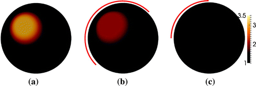 Figure 11. TV reconstruction of the phantom with a ball inclusion in Figure 2(a). (a) Full boundary data. (b) 50% boundary data. (c) 25% boundary data.