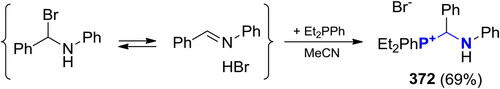 Scheme 217. Reaction of N-(bromo(phenyl)methyl)aniline with Et2PPh.[Citation741] In the reference, N-(bromo(phenyl)methyl)aniline is presented as benzylidene aniline hydrobromide.