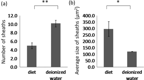 Figure 3.  Responses by Aphidius ervi to volatiles from plants in Y-tube olfactometer. (a) Plants treated with deionized water fed on by A. pisum vs. plants treated with deionized water without aphid feeding, (b) plants treated with diet fed on by A. pisum vs. plants treated with diet without aphid feeding, (c) plants treated with higher molecular weight fraction of diet fed on by A. pisum vs. plants treated with higher molecular weight fraction of diet without aphid feeding, (d) plants treated with lower molecular weight fraction of diet fed on by A. pisum vs. plants treated with lower molecular weight fraction of diet without aphid feeding, (e) plants treated with boiled deionized water fed on by A. pisum vs. plants treated with boiled diet fed on by A. pisum. *p < 0.05, **p < 0.01, ns, not significant, binomial test.