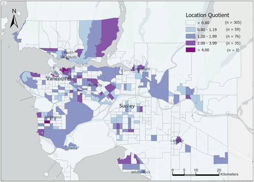 Figure 3. Concentration of subsidized housing in the Vancouver census metropolitan area by census tract. Source. Authors’ calculations based on the 2016 Statistics Canada Census Tract Data.