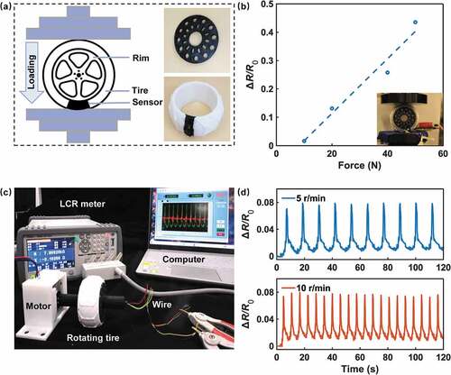 Figure 8. Application of a smart sensing tire. (a) Scheme of the static load testing of the sensing tire. The sensor is printed with CB/TPU filaments, and other parts are printed with commercial TPU filaments. (b) The ΔR/R0 response of the smart tire for different load conditions. (c) Scheme of the dynamic load testing platform of the rotating tire. (d) ΔR/R0 plots of the sensing tire with time when the tire was rotating at different speeds.