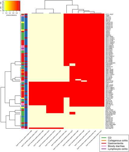 Fig. 3 T4SS and T6SS presence within the assembled genomes.There are two colour columns representing metadata for the samples. The first represents the host disease presentation with a legend available. The second represent the GS of the isolate with red referring to GSI and blue to GSII