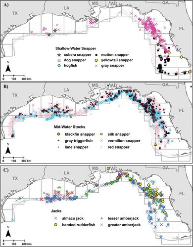 FIGURE 10. Maps of aggregated NMFS bottom-longline survey and Reef Fish Observer Program observations of (A) shallow-water snapper, (B) midwater stocks, (C) jacks, (D) shallow-water grouper, (E) deepwater grouper, and (F) tilefish groupings relative to bathymetry and commercial fishery statistical reporting areas in the Gulf of Mexico. Some observations were removed to maintain confidentiality.