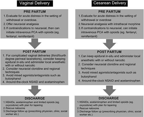Figure 1 Practical approach for managing pain in the parturient with untreated OUD during vaginal delivery (left) and cesarean section (right).