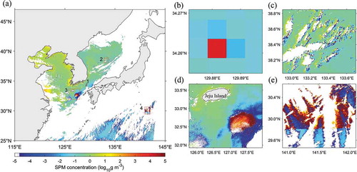 Figure 5. (a) GOCI SPM concentration (log10 g m−3) image of the research area, with examples of (b) isolated speckle referred to area 1, (c) cloud edge speckles referred to area 2, (d) patch shape speckles referred to area 3, and (e) slot-related speckles referred to area 4 in subfigure (a) at 4:00 UTC on 3 June 2015.