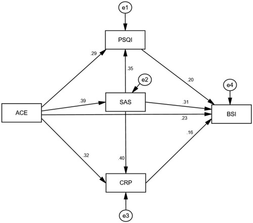 Figure 1 The path analysis model of relationships of score of ACE, PSQI, SAS, CRP and BSI of young cancer patients, with standardized β-weights.