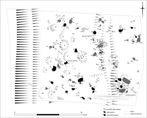 FIG. 11 Measured survey showing earthworks, stone pits and hollows, partially split sarsens and surviving whole sarsen boulders in Piggledene, Wiltshire.