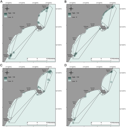 Figure 5 Kernel density plots showing areas of relative use by Hector's dolphins by season. A, Summer; B, autumn; C, winter; D, spring.