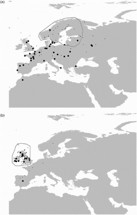 Figure 2. Recovery locations of Short-eared Owls Asio flammeus with natal/breeding areas in (a) the Boreal region and (b) the Insular Atlantic region. Regions are outlined; large dots show recoveries in winter, small dots in passage periods. Redrawn from Calladine et al (Citation2012).