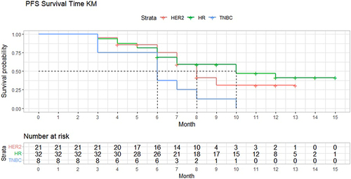 Figure 1 Kaplan–Meier analysis and subgroup analysis of progression-free survival. The median progression-free survival was 10.4 months in the hormone-positive group, 8.7 months in the HER-2 positive group, and 5.6 months in the triple negative breast cancer group.