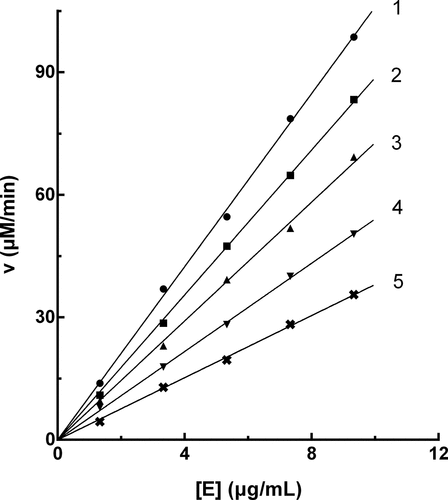 Figure 3. Inhibition mechanism of PTF from young loquat fruits on PPO. The concentrations of PTF for lines 1–5 were 0, 5, 10, 15, and 20 μg/mL