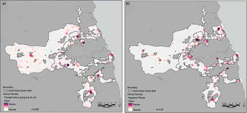 Figure 8. Kernel density heatmaps of (a) places people want to visit, but don’t or cannot. (b) negative places in the GB. Darker colours represented higher density.