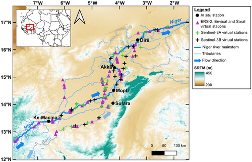 Figure 2. Inner Niger Delta (IND) study site and location of main cities. In situ station (black circles), ERS-2/Envisat/Saral missions (purple triangles), Sentinel-3A (green crosses) and Sentinel-3B (black crosses) are represented on the map. The Niger and Bani rivers are in blue. Flow direction is indicated by blue arrows. The bottom of the map is the digital elevation model Shuttle Radar Topography Mission (SRTM, freely available on NASA website).