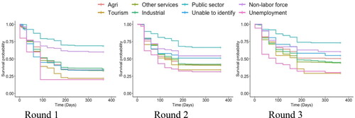 Figure 8. Survival probability of workers in different industries over the three survey periods.Source: authors' calculations.