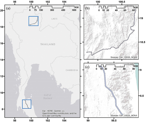 Figure 1. (A) Location of study regions in Thailand, (b) Northern power transmission line, and (c) Southern power transmission line.