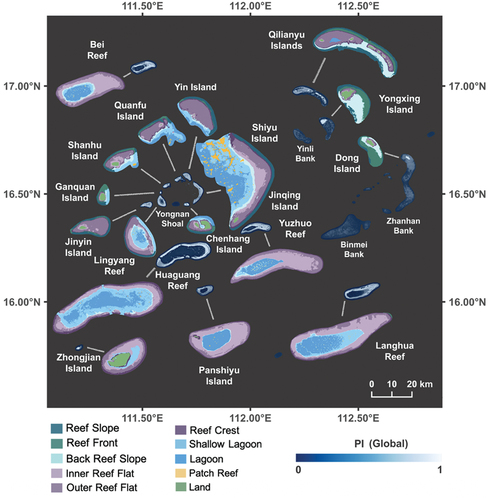 Figure 7. Geomorphic zonation map of the Xisha Islands (PI stands for probabilistic inundation value and the color scheme refers to the Allen coral Atlas).