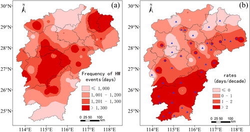 Figure 4. Spatial distribution of cumulative frequency (a) and its trends (b) of HW events in Jiangxi (1959-2023) (shading indicates cumulative frequency (a) and the trend significance level (b). Solid triangles indicate passing 0.05 significance test).