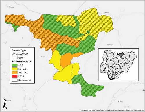 Figure 1. Local Government Areas (LGAs) surveyed, and prevalence of trachomatous inflammation—follicular (TF) in 1–9-year-olds, by LGA, Jigawa State, Nigeria, June and July, 2013. GTMP: Global Trachoma Mapping Project.