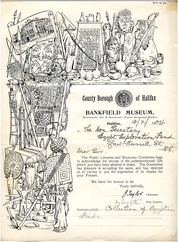 Figure 1. 1904 certificate of thanks from Bankfield Museum for objects presented by the Egypt Exploration Fund. The vignettes illustrate the dense universalist displays of world culture towards which UK municipal museums aspired in the early twentieth century. Courtesy of the Egypt Exploration Society, Lucy Gura archive, DIST.21.36.