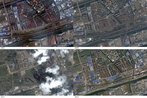 Figure 3. Location plan and aerial view showing the setting and layout of Zhangjing (source: Author, based on Google maps).Resettlement residential development near the Zhangjing area. The overall development commenced in 1994, with the construction of Zhangjing commencing around 2000.