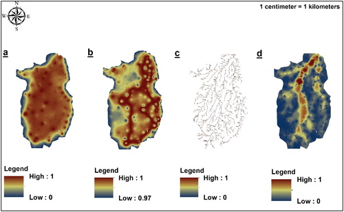 Figure 5. Weight values of the distance to the discharge channel: (a) Fractal dimension factor; (b) impact angle of drainage network lines; (c) local channel slope and (d) Stream order.