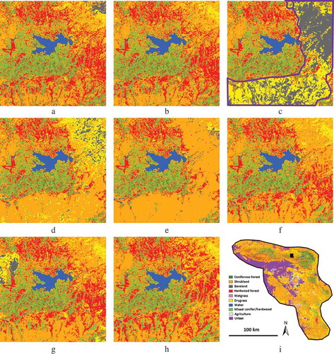 Figure 9. Land-cover classes updated with the tool are shown for a small section (9 km × 9 km) of the study area for the years (a) 2002, (b) 2003, (c) 2004, (d) 2005, (e) 2006, (f) 2007, (g) 2008, and (h) 2010. The area burned on 15 November 2003 was roughly marked as purple polygon in (c). The last panel (i) shows the general location of this small section as indicated by the black rectangle.