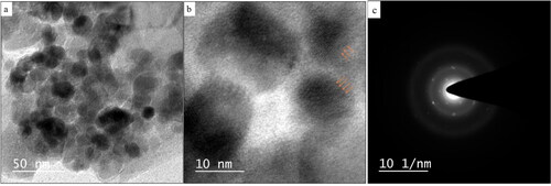 Figure 2. HR-TEM analysis represented the size and shape of Ch-MNPs (a–b). Arrows indicate the lattice fringes (b), (c) SAED pattern [Citation16].