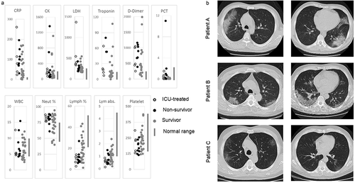 Figure 2. Laboratory results and CT-scans obtained from COVID-19 patients.