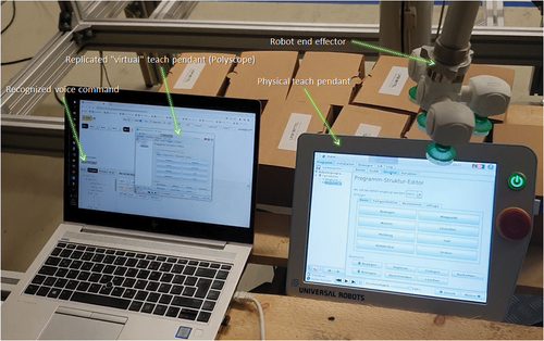 Figure 11. Experimental setup: A UR5 robot, its teach pendant and a laptop connected through Ethernet to the robot’s control computer.