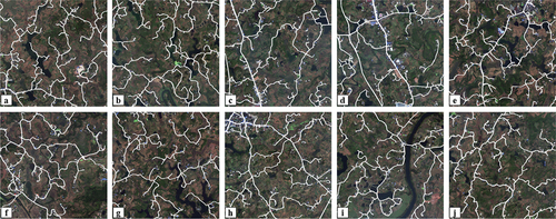 Figure 1. The GF-2 dataset (a to j represent data from the GF-2 dataset. We used white color to depict the annotated road areas by overlaying road labels onto image tiles).