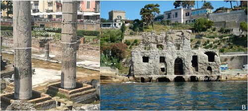 Figure 5. Evidence of post-Roman subsidence along the coast of Pozzuoli and Posilippo. A) Macellum columns with Lithofaga burrows up to 7 m a.s.l.; B) the Palazzo degli Spiriti Roman building with the first floor completely submerged.