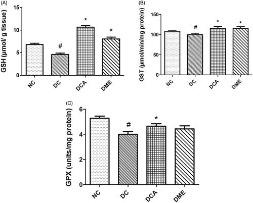 Figure 2. (A–C) Effects of CA on GSH levels, GST and GPX activities in liver in type 2 diabetic rats. NC: normal control; DC: diabetic control; DCA: diabetic rats treated with C. asiatica (L.) Urb. extracts; DME: diabetic rats treated with metformin; GSH: reduced glutathione level; GST: glutathione S-transferase activity; GPX: glutathione peroxidase. Symbols # and *on bars indicate value differs significantly (p < 0.05) from NC group and DC group, respectively, using Tukey’s multiple comparison or unpaired Student’s t test.