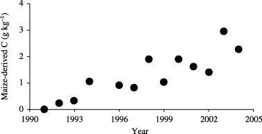 Figure 4  Changes in the content of carbon (C) derived from maize residues under continuous maize cultivation.