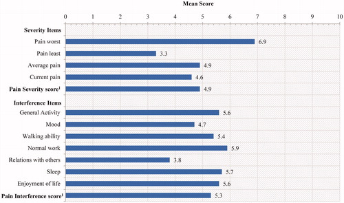 Figure 2. Descriptive Statistics for the BPI-SF. 1BPI-SF item scores range from 0 to 10, with higher scores indicating greater pain severity or interference. Pain Severity is a composite of the four pain items (a mean severity score). Pain interference is scored as the mean of the seven interference items if more than 50%, or four of seven, of the total items have been completed on a given administration