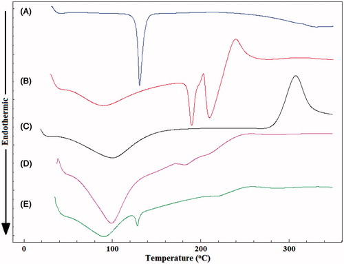 Figure 3. DSC thermograms of (A) PG, (B) pectin, (C) chitosan, (D) empty Zn-pectinate/chitosan microparticles and (E) PG-loaded Zn-pectinate/chitosan microparticles.