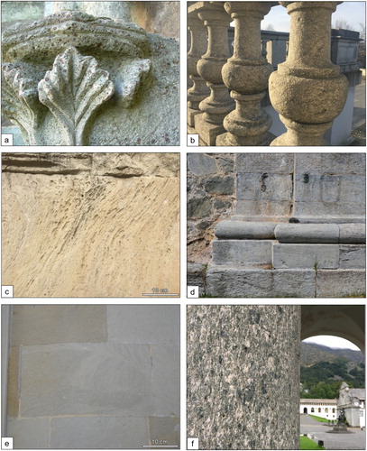 Figure 4. Details of six representative monuments of Piemonte: (a) capital of Sacra di San Michele made up of garnet-bearing chlorite-schist; (b) balustrade of Basilica di Superga made up of Gassino Limestone; (c) Chianocco Marble on the Palazzo Madama façade; (d) Governor Palace, Fenestrelle Fortress: basement in Malanaggio Stone; (e) Vico Stone on the Vicoforte Sanctuary façade; (f) Oropa Sanctuary courtyard column made up of Verde Oropa. The ‘Basilica Vecchia’ is visible to the right on the background.