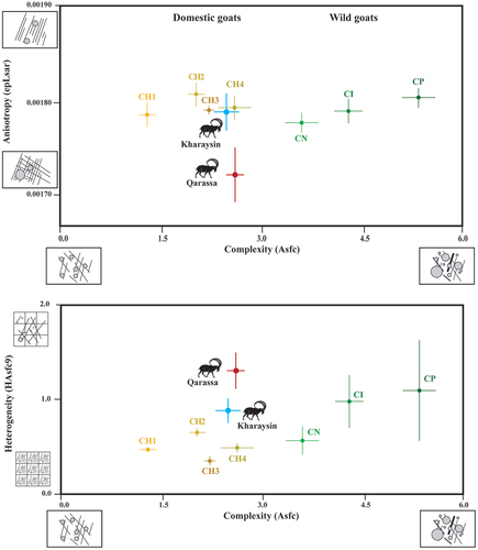Figure 8. Biplots (mean and standard error of the mean) of Complexity (Asfc), anisotropy (epLsar), heterogeneity of complexity (HAsfc9) of the four management strategies of domestic goats, wild ibexes and archaeological specimens from Kharaysin and Qarassa (CH1= goats managed in the Algerian steppe; CH2= in wooded and overgrazed areas in the northeastern Iberian Peninsula; CH3= in grasslands in the Pyrenees; CH4= in wooded areas in the Larzac; CI= Capra ibex; CN= Capra nubiana; CP= Capra pyrenaica).
