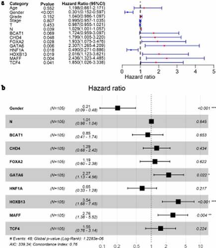 Figure 9. Forest plots for identifying transcription factors independently related to LSCC prognosis. A: univariate Cox analysis; B: multivariate Cox analysis. N: number of samples; * p < 0.05; ** p < 0.005; *** p < 0.001