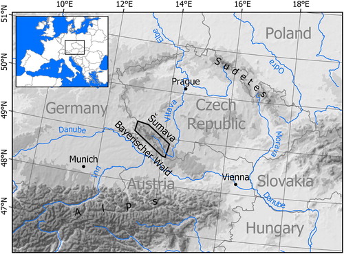 Figure 1. Location of the Šumava / Bayerischer Wald mountains. The extent of the Main Map is displayed by a black frame.