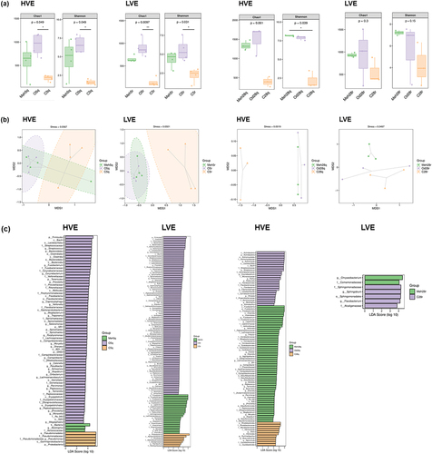 Figure 2.  Gene sequencing results for biofilms of pipelines. (a) α-diversity: Chao1 index (abundance) and Shannon index (diversity) of biofilms in pipelines under different disinfection methods. (b) β-diversity: graph of NMDS analysis results. (c) LEfSe (LDA effect size) analysis: means of finding bacteria that differ between groups. *Meh5q and Meh5r (control group), HVE and LVE pipelines disinfected by 1:100 multi-enzyme detergent plus 3% H2O2 for 5 days. O5q and O5r (experimental group), HVE and LVE pipelines disinfected by original solution of double-chain quaternary ammonium salt disinfectant for 5 days. C5q and C5r (control group), HVE and LVE pipelines disinfected by chlorine disinfectant (500mg/L available chlorine) for 5 days. Meh28q and Meh28r (control group), HVE and LVE pipelines disinfected by 1:100 multi-enzyme detergent plus 3% H2O2 for 28 days. Od28q and Od28r (experimental group), HVE and LVE pipelines disinfected by double-chain quaternary ammonium salt disinfectant diluent (1:50) for 28 days. C28q and C28r (control group), HVE and LVE pipelines disinfected by chlorine disinfectant (500mg/L available chlorine) for 28 days.