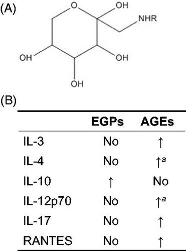 Figure 4. Differential immunomodulating capabilities of EGPs and AGEs. (A) Structure of glucose-derived Amadori compounds (early glycation products). R = protein/peptide/amino acid. (B) Comparison of EGPs and AGEs in modulating cytokine/chemokine production. Modified from Chen and Guo (Citation2019). No: no significant change when compared to non-reacted control. aValue significantly different from EGPs but not from non-reacted control.