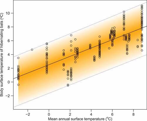 Figure 2. Relationship between body surface temperatures of hibernating bats dependent on mean annual surface temperature at the site. The fuzzy linear model had a fuzzy intercept with a centre equal to 2.51, left spread equal to 4.15 and right spread equal to 3.24. The fuzzy slope of the model centre is equal to 0.61, left spread equal to 0 and right spread equal to 0.03. The model shows higher body surface temperatures of hibernating bats with a slightly greater variation at warmer climates.