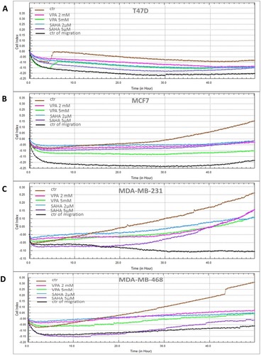 Figure 3 Effect of VPA and SAHA on migration of breast cancer cells in xCELLigence RTCA DP system.Notes: T47D (A), MCF7 (B), MDA-MB-231 (C) and MDA-MB-468 (D) breast cancer cells were treated with VPA (2 mM, 5 mM) or SAHA (2 µM, 5 µM), or left untreated (control) and seeded in triplicate on a CIM-plates. Migration was monitored in real time for 48 hrs in the xCELLigence system.Abbreviations: SAHA, vorinostat; VPA, valproic acid.