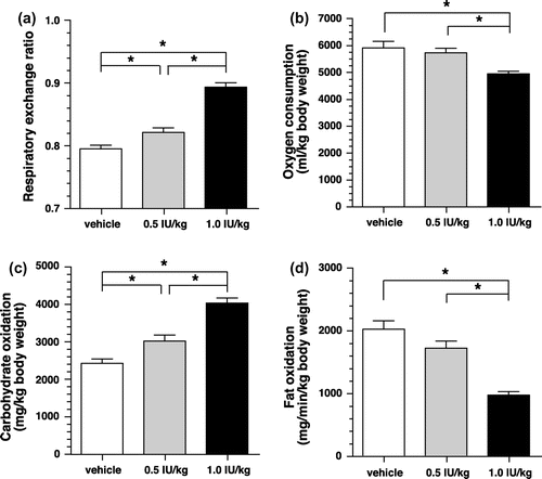 Figure 6. Changes in respiratory gas with insulin administered mice. (a) Average the respiratory exchange ratio of mice for 2 h after intraperitoneal administration of insulin or saline (control). (b)–(d) Cumulative oxygen consumption, carbohydrate oxidation, and fat oxidation of mice for 2 h after intraperitoneal administration of insulin or saline (control). Values are expressed as means ± SEM. n = 12; *p < 0.05 (Tukey’s test).