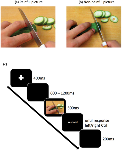 Figure 1. Example of stimuli used in the task (Meng et al., Citation2012; Meng et al., Citation2023) (A and B); example of an EEG trial in the pain judgment task (C).